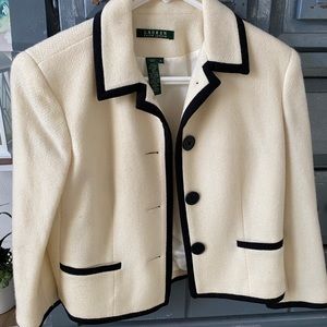 Ralph Lauren Wool crop jacket. Cream with black trim. Size 6